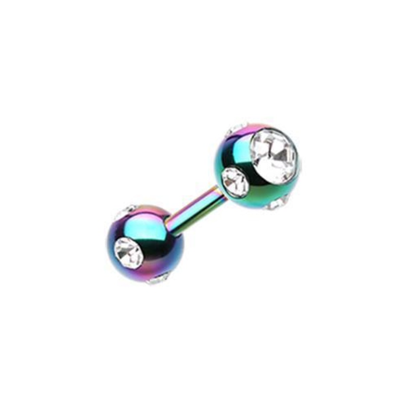 Rainbow/Clear PVD Double Aurora Gem Ball Tragus Cartilage Barbell Earring – 1 Piece 16G (1.2mm) Length: 5/16″ (8mm) | Ball-Size: 1/8″ (3mm)