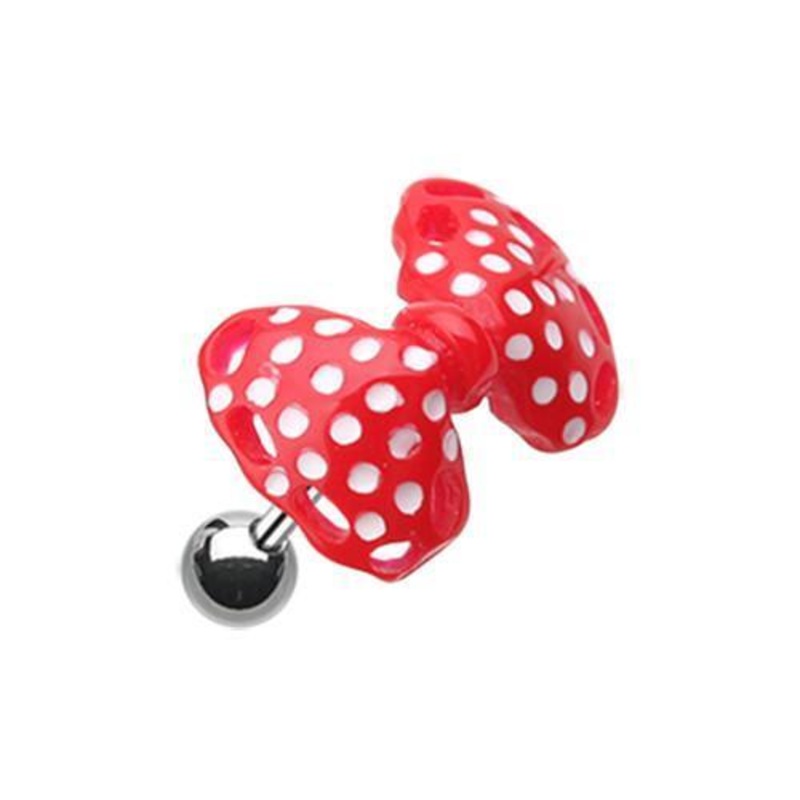 Red Polka Dots Bow-Tie Tragus Cartilage Barbell Earring – 1 Piece 18G (1mm) Length: 1/4″ (6mm)