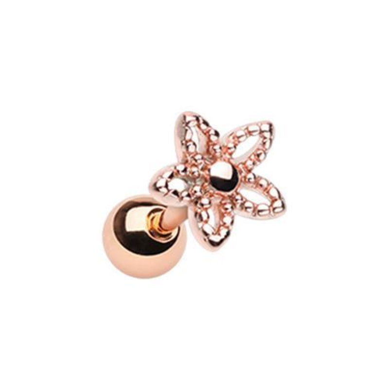 Rose Gold Ornate Five Petal Cut Out Spring Flower Tragus Cartilage Barbell Earring – 1 Piece 18G (1mm) Length: 1/4″ (6mm)