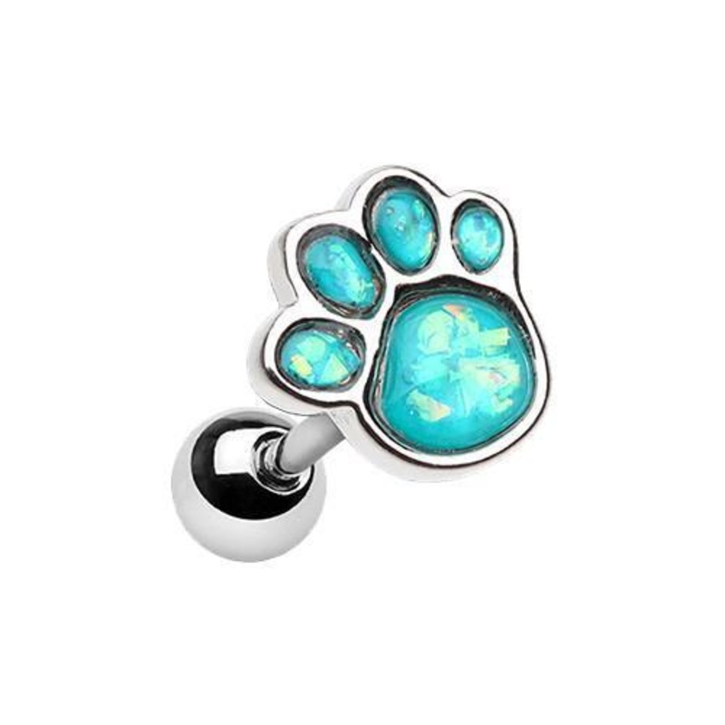 Teal Animal Lover Opal Paw Print Tragus Cartilage Barbell Earring – 1 Piece 18G (1mm) Length: 1/4″ (6mm)