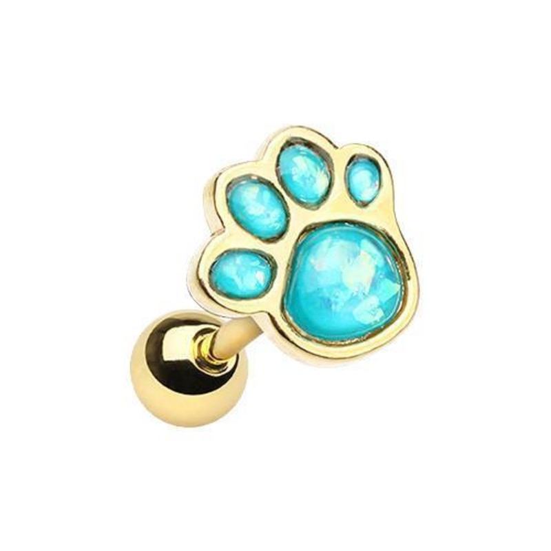 Teal Golden Animal Lover Opal Paw Print Tragus Cartilage Barbell Earring – 1 Piece 18G (1mm) Length: 1/4″ (6mm)