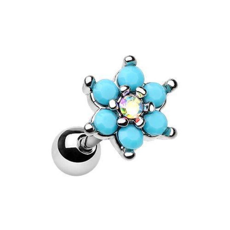 Turquoise/Aurora Borealis Turquoise Spring Flower Sparkle Tragus Cartilage Barbell Earring – 1 Piece 18G (1mm) Length: 1/4″ (6mm)