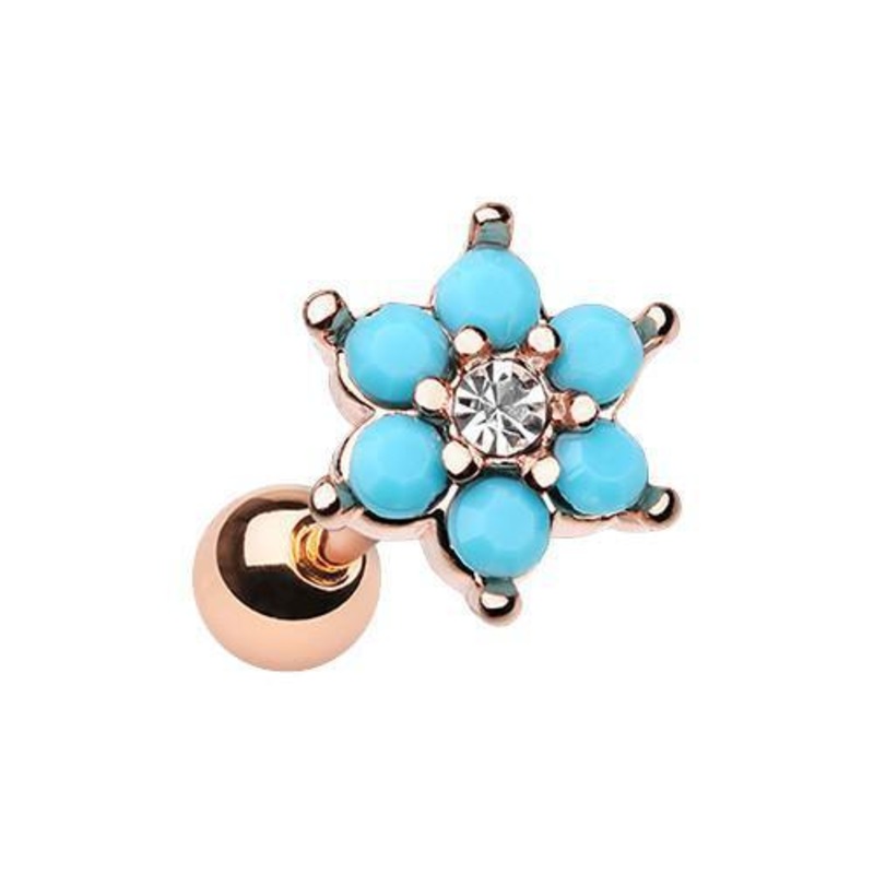 Turquoise/Clear Rose Gold Turquoise Spring Flower Sparkle Tragus Cartilage Barbell Earring – 1 Piece 18G (1mm) Length: 1/4″ (6mm)