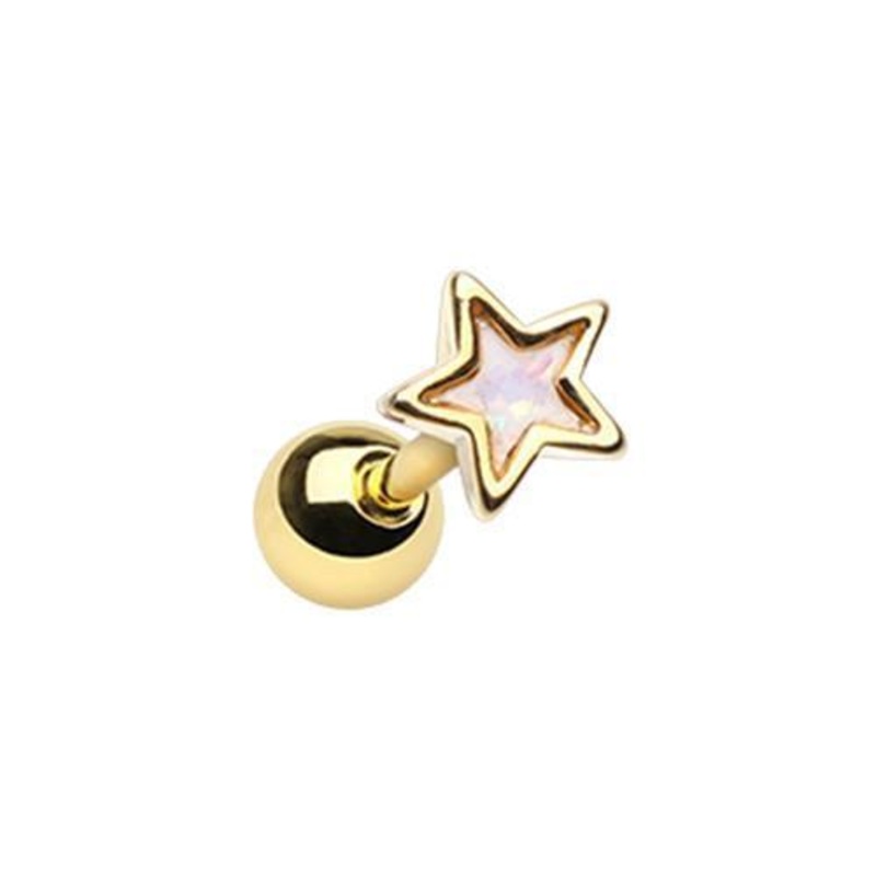 White Golden Opal Star Shape Tragus Cartilage Barbell Earring – 1 Piece 18G (1mm) Length: 1/4″ (6mm)