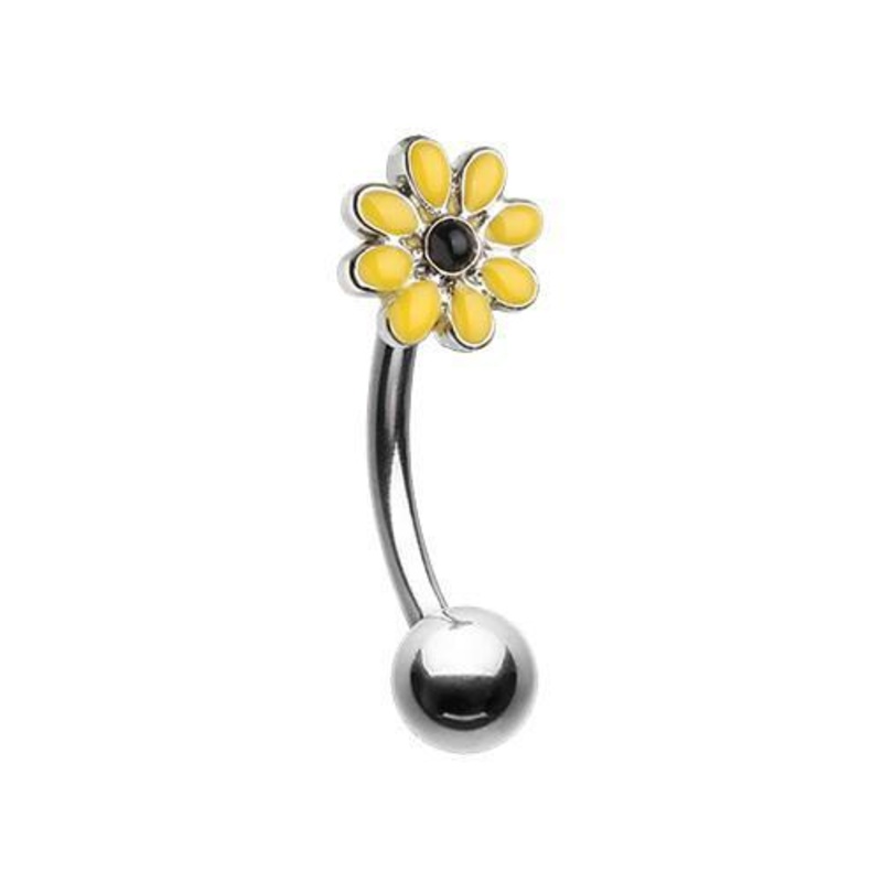 Yellow/Black Dainty Daisy Enamel Curved Barbell Eyebrow Ring 16G (1.2mm) Length: 5/16″ (8mm) | Ball-Size: 5/32″ (4mm)