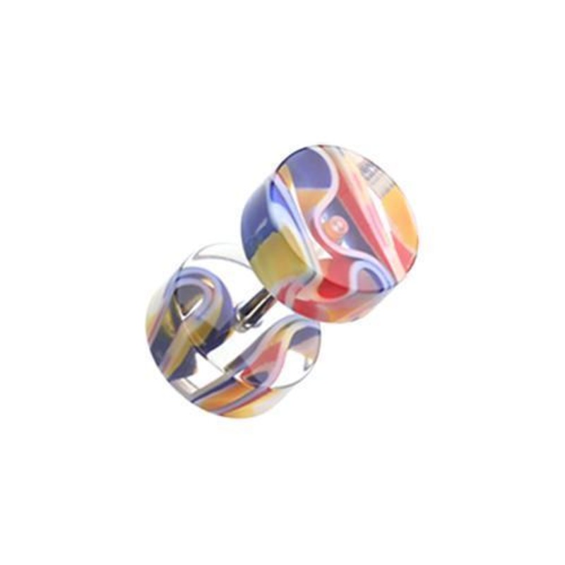 Yellow/Blue Marble Inlay UV Acrylic Fake Plug – 1 Pair 16G (1.2mm) Length : 1/4″ (6mm) | Ball-Size : 5/16″ (8mm)