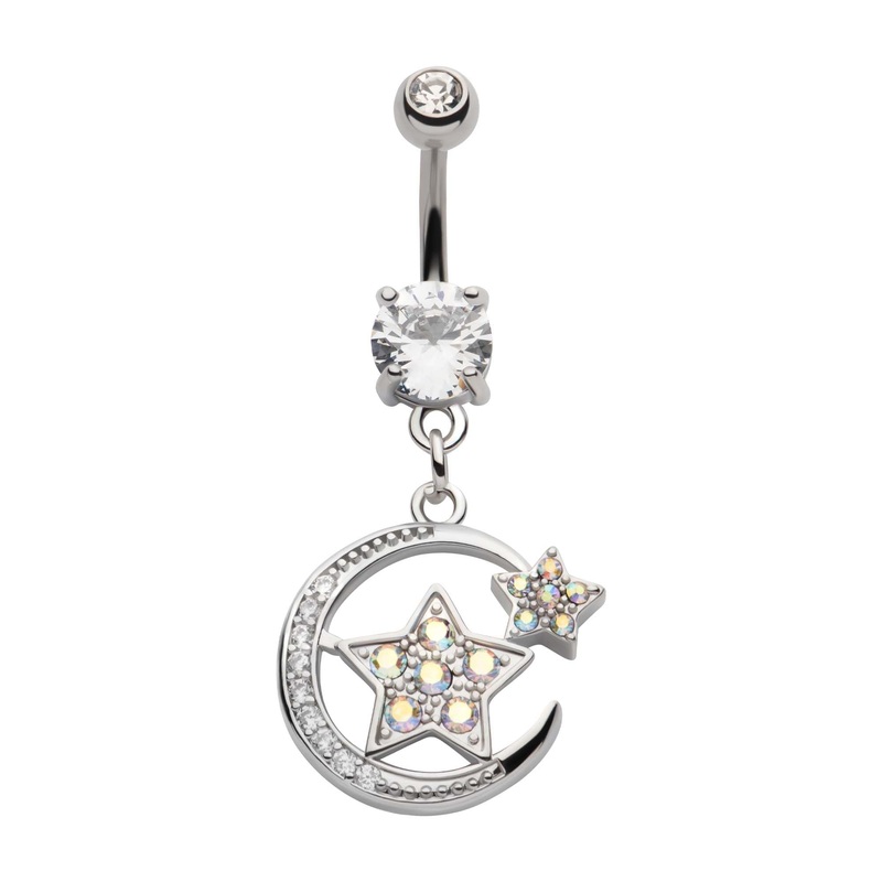 Aurora Borealis CZ Stars Clear CZ Crescent Moon Dangle Belly Ring 14G (1.6mm) Length/Inner Diameter: 3/8″ (10mm)