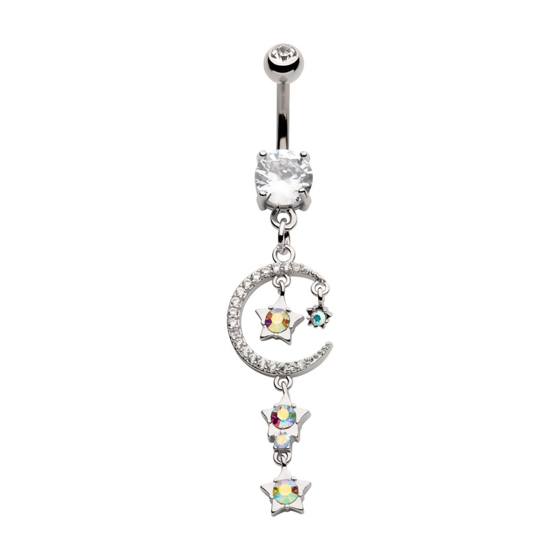 Aurora Borealis CZ Stars Clear CZ Crescent Moon Triple Dangle Belly Ring 14G (1.6mm) Length/Inner Diameter: 3/8″ (10mm)