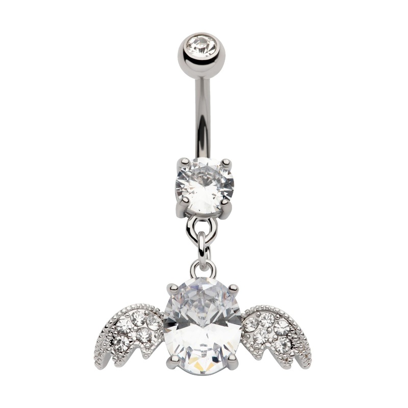Big Oval CZ Multi Clear CZ Wings Dangle Belly Ring 14G (1.6mm) Length/Inner Diameter: 3/8″ (10mm)