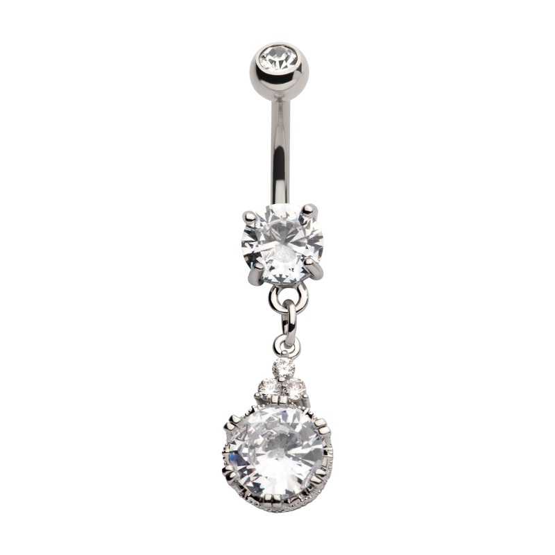 Big Round CZ Trinity Clear CZ Dangle Belly Ring 14G (1.6mm) Length/Inner Diameter: 3/8″ (10mm)