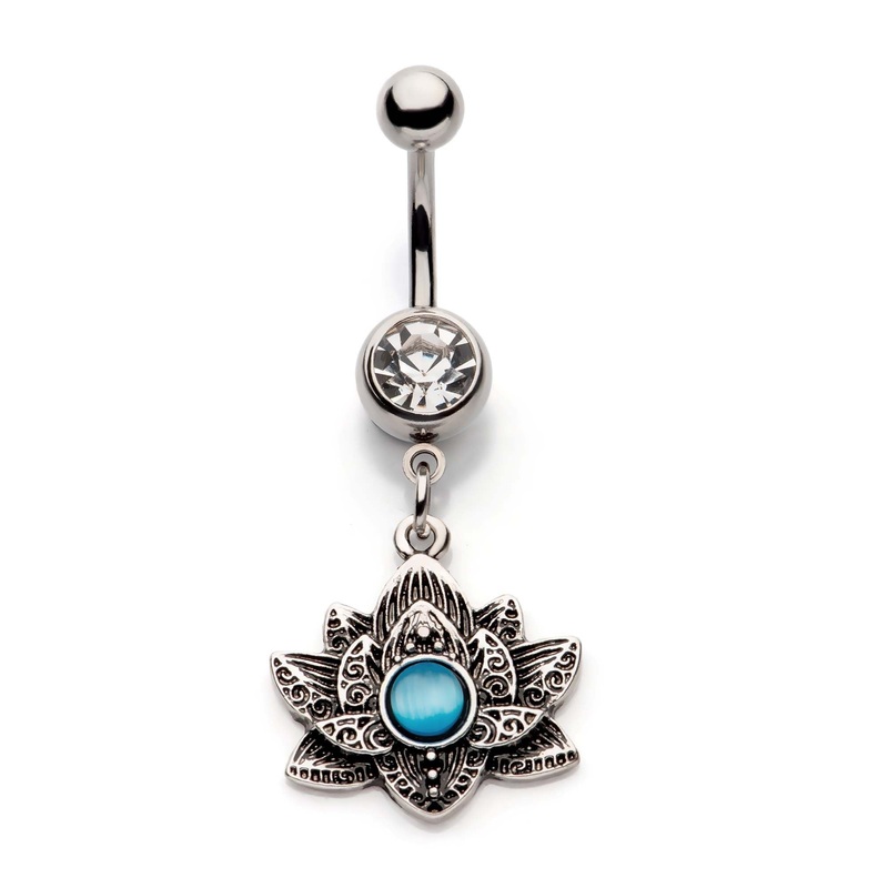 Blue Cats Eye Gemstone Lotus Flower Dangle Belly Ring 14G (1.6mm) Length/Inner Diameter: 3/8″ (10mm)