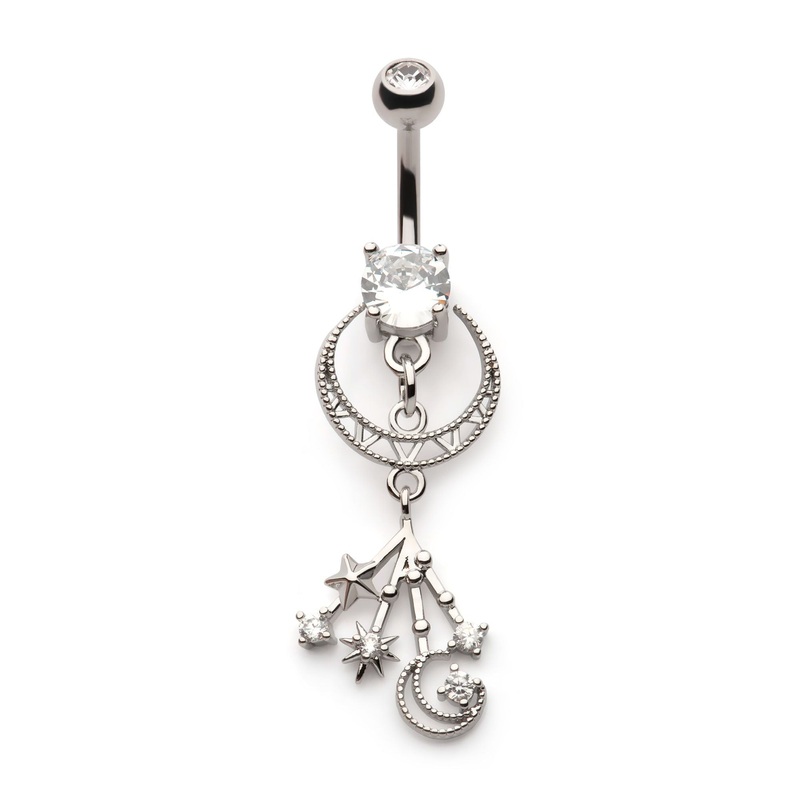 Clear CZ Cut Out Crescent Moons Stars Multi Dangle Belly Ring 14G (1.6mm) Length/Inner Diameter: 3/8″ (10mm)