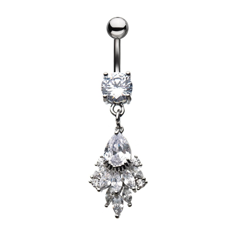 Clear Gem Cluster Chain Dangle Belly Ring 14G (1.6mm) Length/Inner Diameter: 3/8″ (10mm)