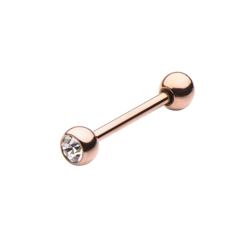 Rose Gold PVD Tongue Barbell 5mm Clear Gem – 1 Piece 14G (1.6mm) Length/Inner Diameter: 5/8″ (16mm)