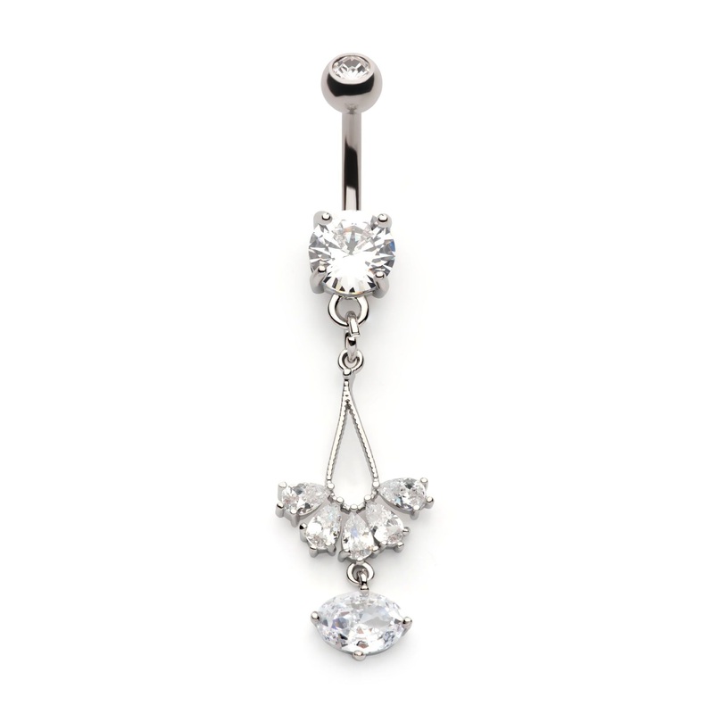 Teardrop CZ Flower Shape Oval CZ Multi Dangle Belly Ring 14G (1.6mm) Length/Inner Diameter: 3/8″ (10mm)