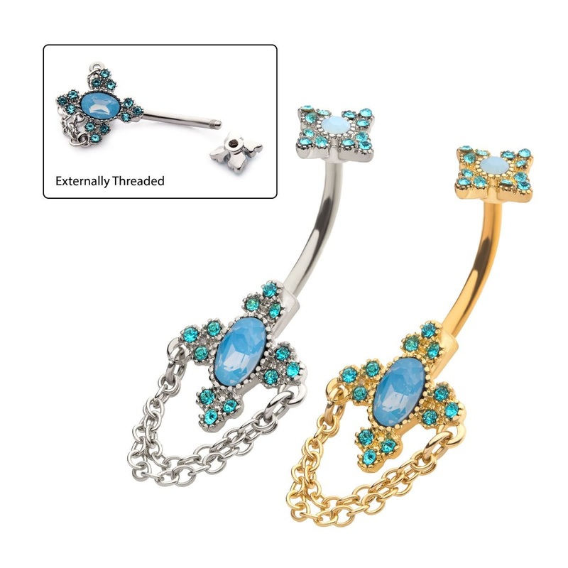 Trinity Aqua Crystals Blue Opalite Cross Shape 2 Dangle Chains Dangle Belly Ring 14G (1.6mm) Length/Inner Diameter: 7/16″ (11mm) Gold / Aqua Crystal/Blue Opalite