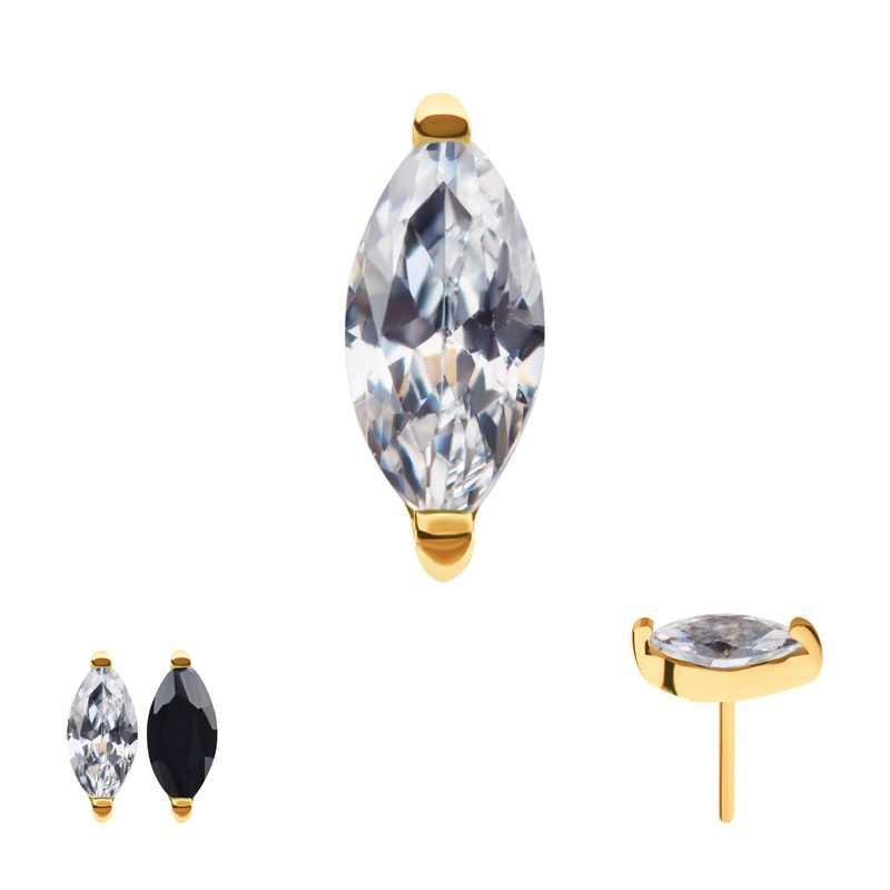 24Kt Gold PVD Titanium Threadless 2-Prong Marquise CZ Labret Cartilage Replacement Top – 1 Piece . Top: 5mm (L) x 2mm (W) x 2.25mm (H) Black