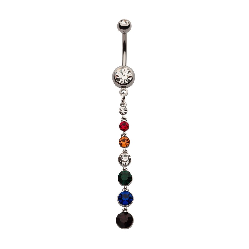 Bezel Set Multicolor CZ Dangle Belly Ring 14G (1.6mm) Length/Inner Diameter: 3/8″ (10mm)