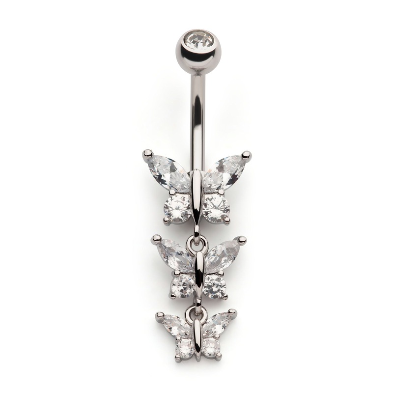 Clear CZ Butterfly Multi Dangle Belly Ring 14G (1.6mm) Length/Inner Diameter: 3/8″ (10mm)