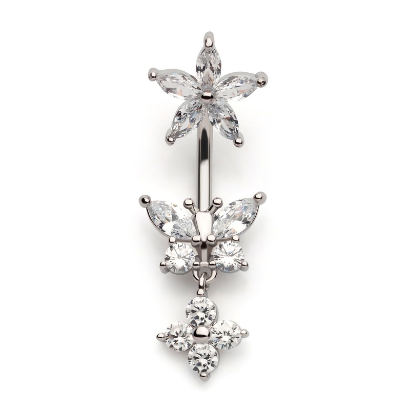 Clear CZ Flower Top Butterfly Dangle Belly Ring 14G (1.6mm) Length/Inner Diameter: 3/8″ (10mm)