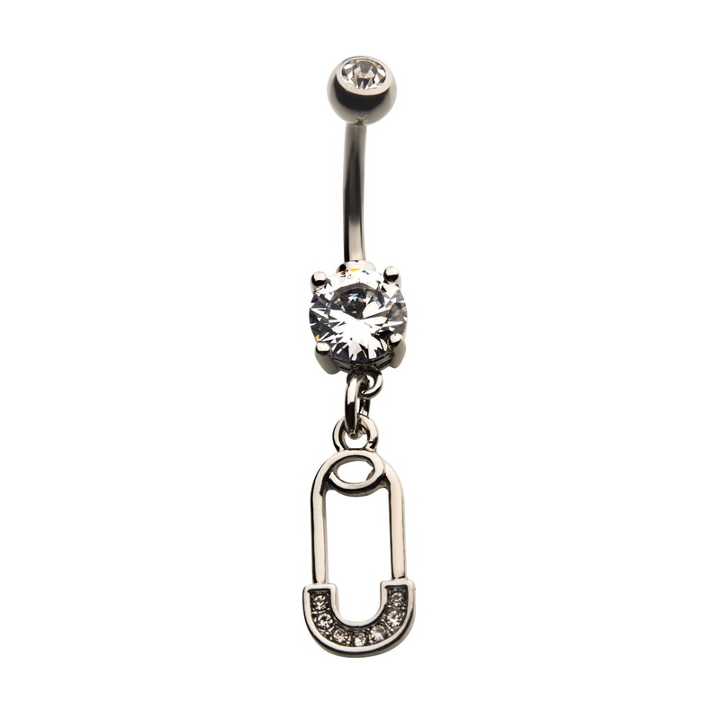 Clear CZ Safety Pin Dangle Belly Ring 14G (1.6mm) Length/Inner Diameter: 7/16″ (11mm)