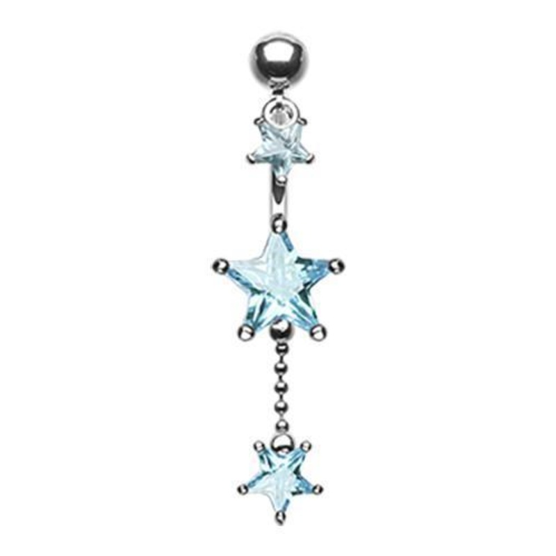 Aqua Glistening Falling Stars Dangle Belly Ring 14G (1.6mm) Length: 3/8″ (10mm)