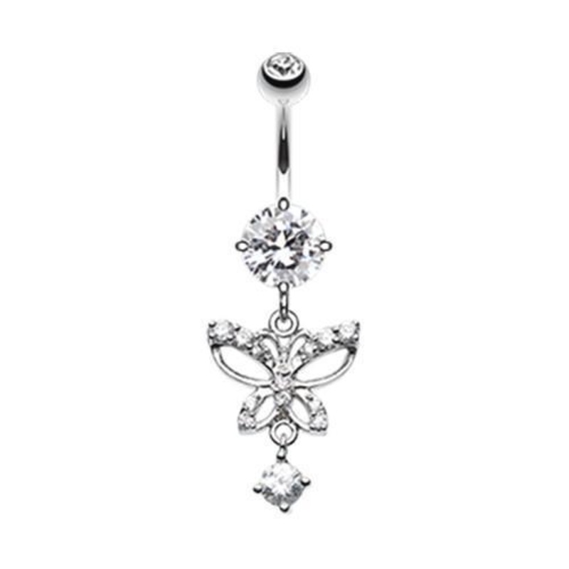 Clear Alluring Butterfly Dangle Belly Ring 14G (1.6mm) Length: 3/8″ (10mm)