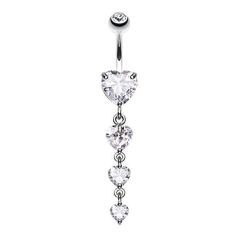 Clear Brilliant Heart Cascade Dangle Belly Ring 14G (1.6mm) Length: 3/8″ (10mm)
