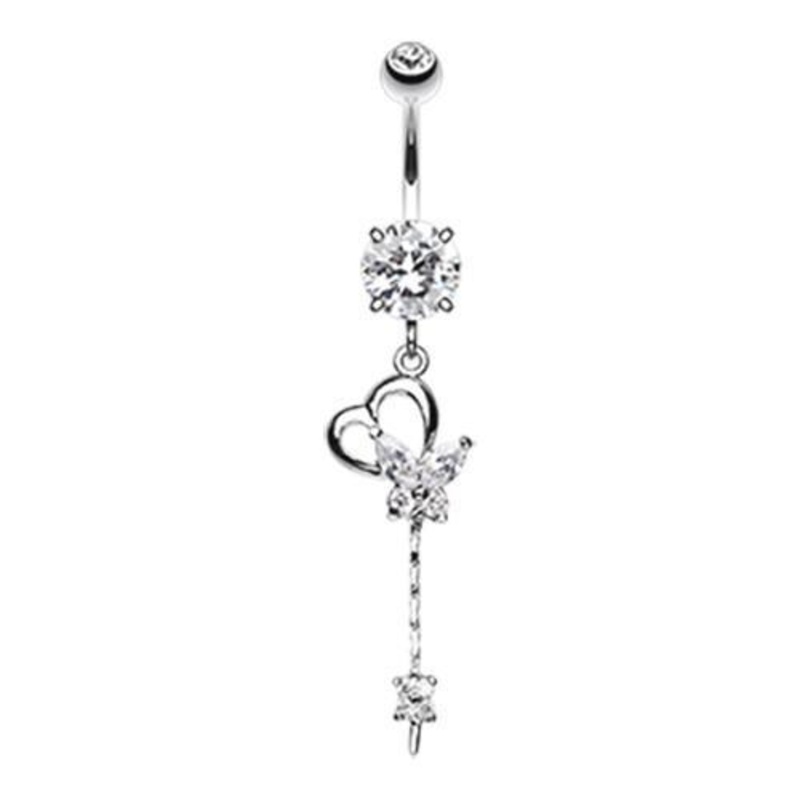 Clear Butterfly Heart Flower Sparkle Dangle Belly Ring 14G (1.6mm) Length: 3/8″ (10mm)