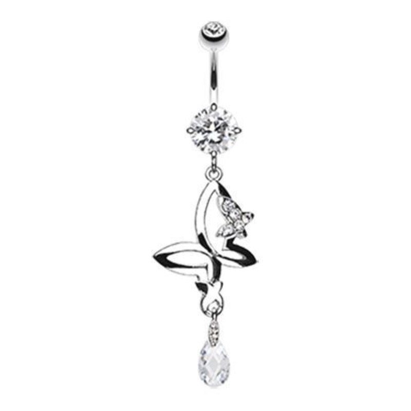 Clear Butterfly Teardrop Sparkle Dangle Belly Ring 14G (1.6mm) Length: 3/8″ (10mm)
