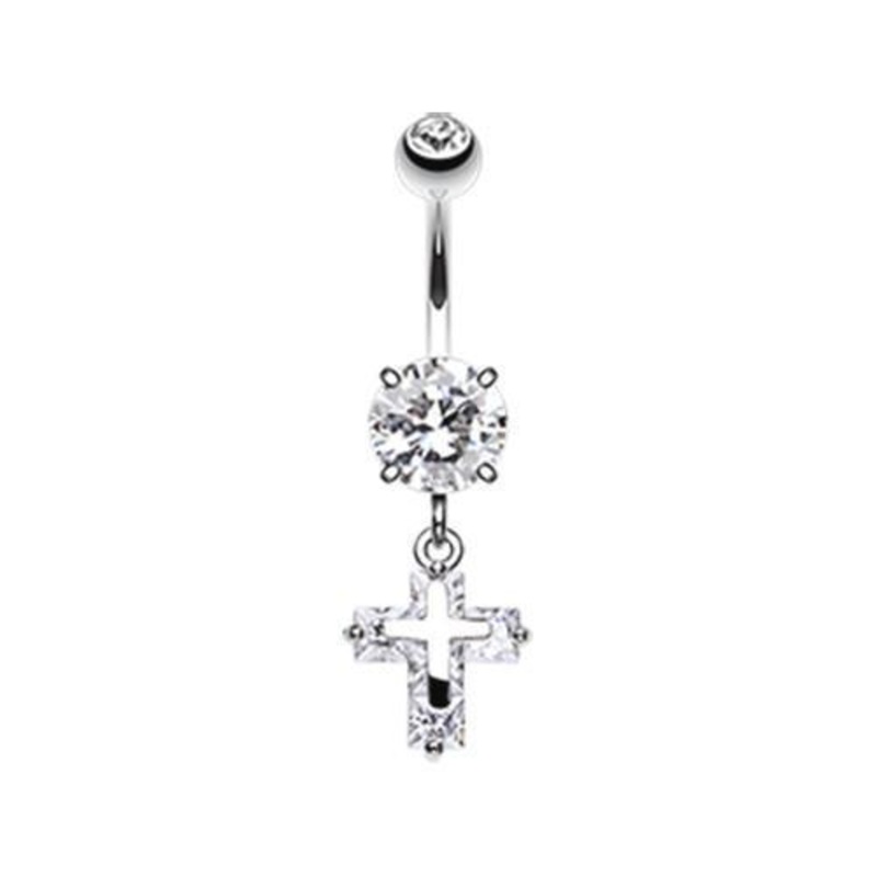 Clear Cross on Cross Sparkle Dangle Belly Ring 14G (1.6mm) Length: 3/8″ (10mm)