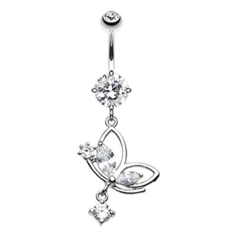 Clear Darling Butterfly Dangle Belly Ring 14G (1.6mm) Length: 3/8″ (10mm)
