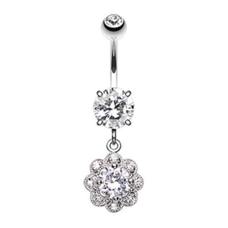 Clear Dazzling Flower Dangle Belly Ring 14G (1.6mm) Length: 3/8″ (10mm)