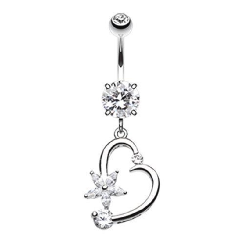 Clear Elegant Star and Heart Dangle Belly Ring 14G (1.6mm) Length: 3/8″ (10mm)