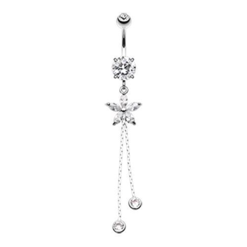 Clear Flower Sparkle Dangle Belly Ring 14G (1.6mm) Length: 3/8″ (10mm)