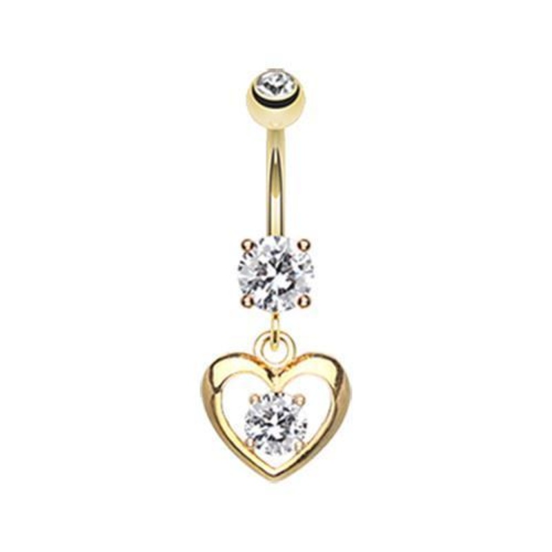 Clear Golden Heart Gem Sparkle Dangle Belly Ring 14G (1.6mm) Length: 3/8″ (10mm)
