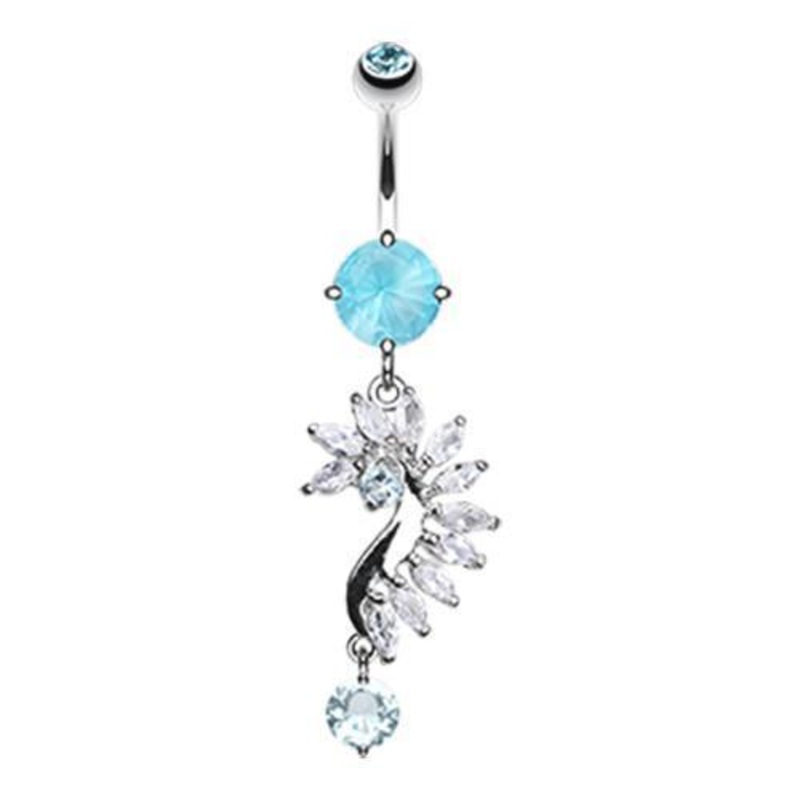 Aqua Curved Marquise Cut Sparkles Dangle Belly Ring 14G (1.6mm) Length: 3/8″ (10mm)