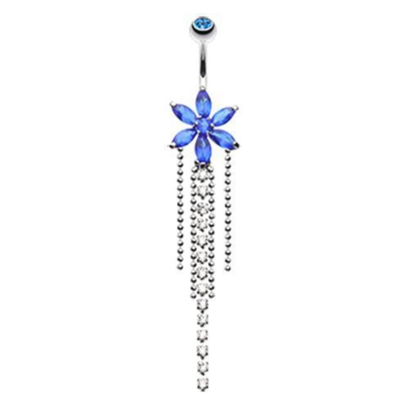 Blue Enchanting Flower Chandelier Dangle Belly Ring 14G (1.6mm) Length: 3/8″ (10mm)