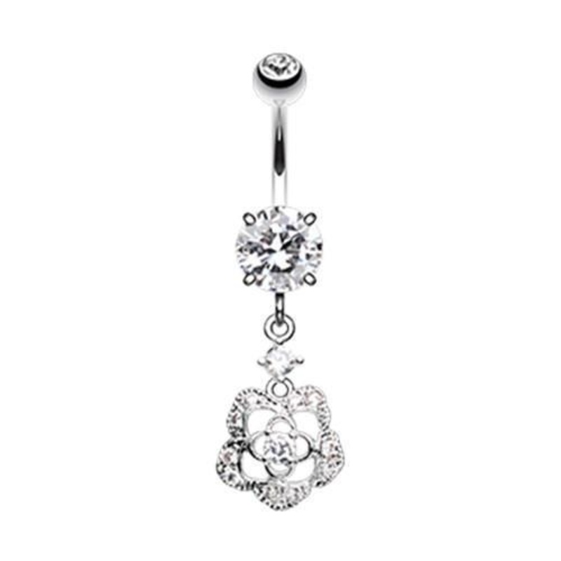 Clear Alluring Rose Dangle Belly Ring 14G (1.6mm) Length: 3/8″ (10mm)