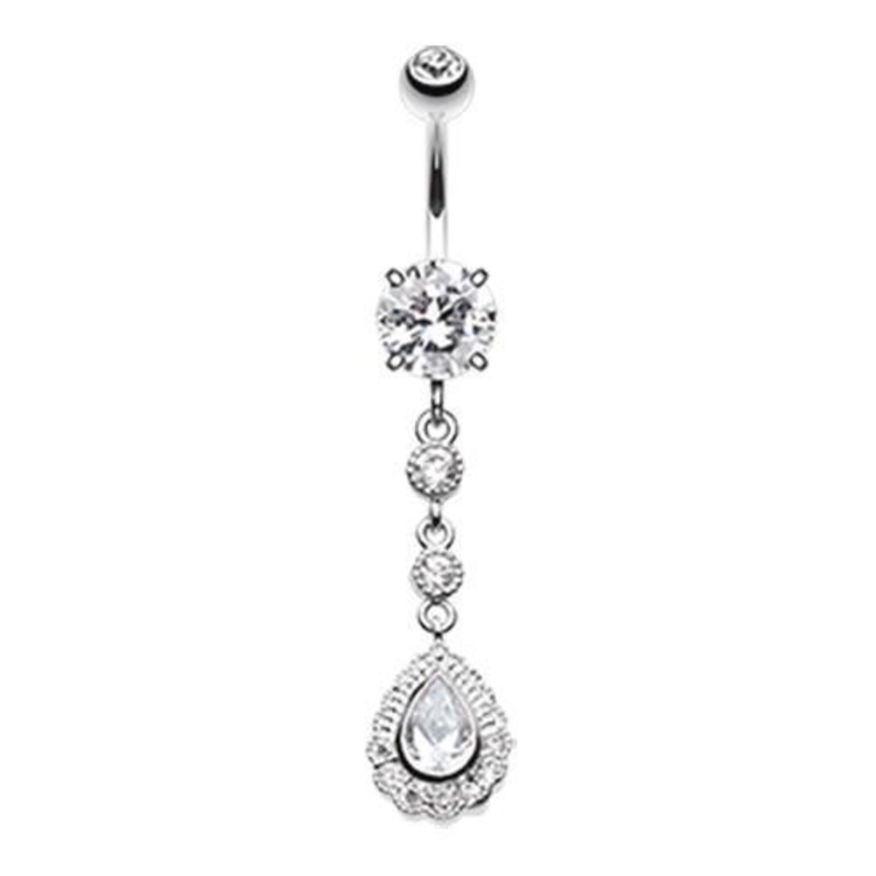 Clear Angelic Gem Cascading Dangle Belly Ring 14G (1.6mm) Length: 3/8″ (10mm)