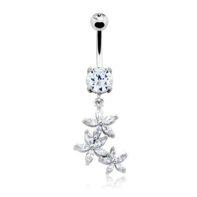 Clear Blossom Flower Gem Cascade Dangle Belly Ring 14G (1.6mm) Length: 3/8″ (10mm)