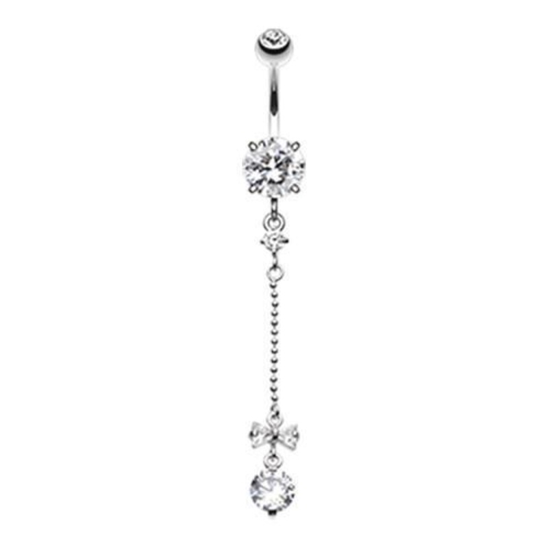 Clear Bow and Gem Droplet Dangle Belly Ring 14G (1.6mm) Length: 3/8″ (10mm)