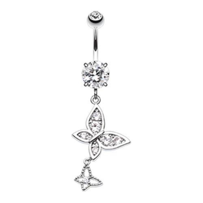 Clear Butterfly Dance Dangle Belly Ring 14G (1.6mm) Length: 3/8″ (10mm)