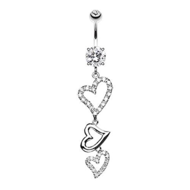 Clear Curved Hearts Sparkle Dangle Belly Ring 14G (1.6mm) Length: 3/8″ (10mm)