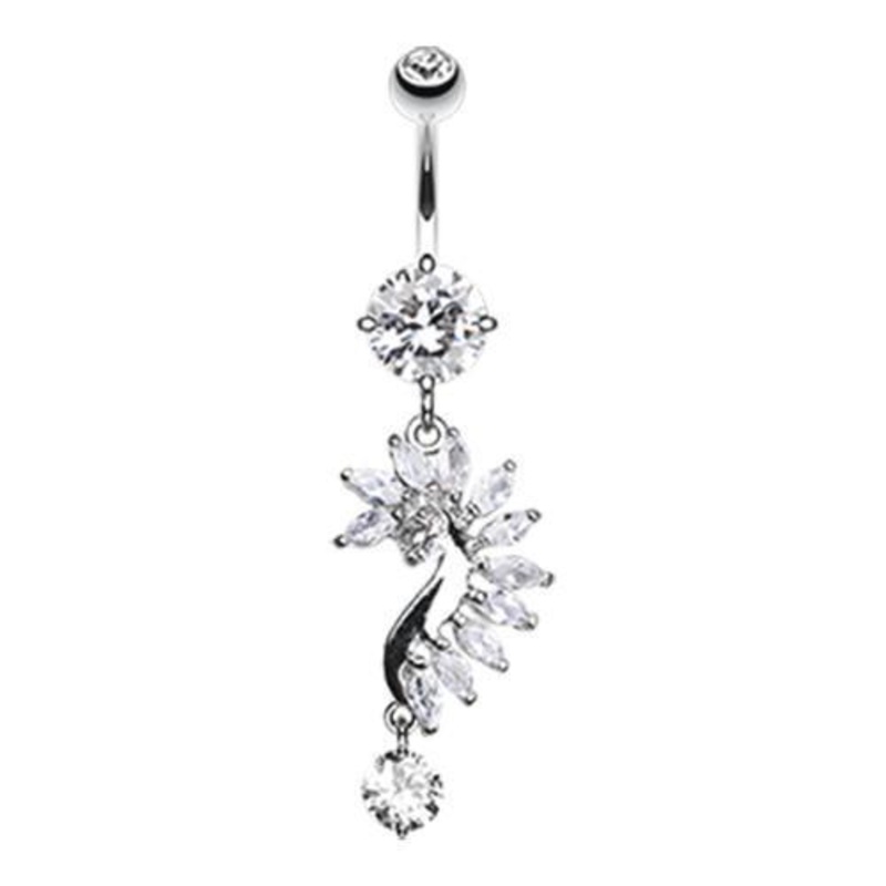 Clear Curved Marquise Cut Sparkles Dangle Belly Ring 14G (1.6mm) Length: 3/8″ (10mm)