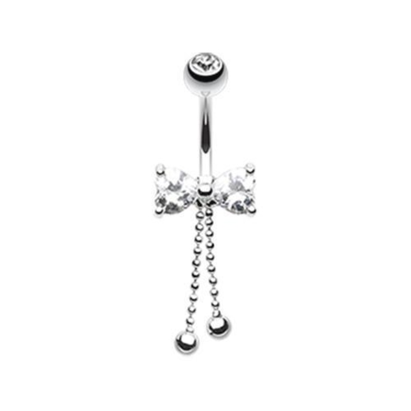 Clear Dainty Bow-Tie Charm Dangle Belly Ring 14G (1.6mm) Length: 3/8″ (10mm)