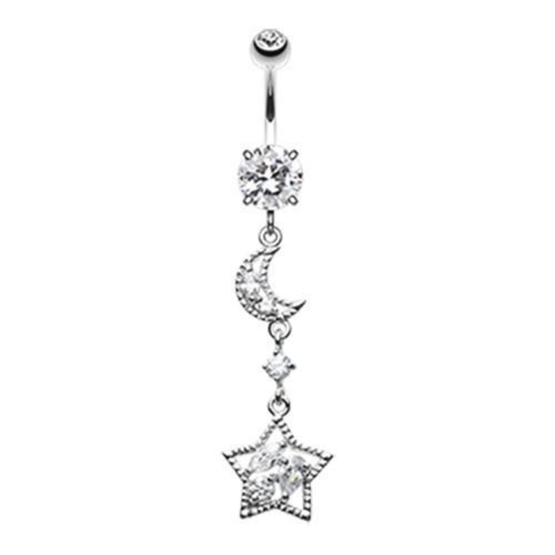 Clear Dainty Crescent Moon and Star Dangle Belly Ring 14G (1.6mm) Length: 3/8″ (10mm)