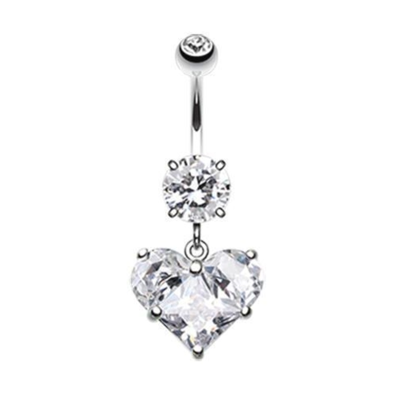 Clear Dainty Crystalline Heart Dangle Belly Ring 14G (1.6mm) Length: 3/8″ (10mm)