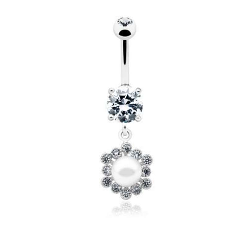 Clear Dainty Pearl Classic Dangle Belly Ring 14G (1.6mm) Length: 3/8″ (10mm)