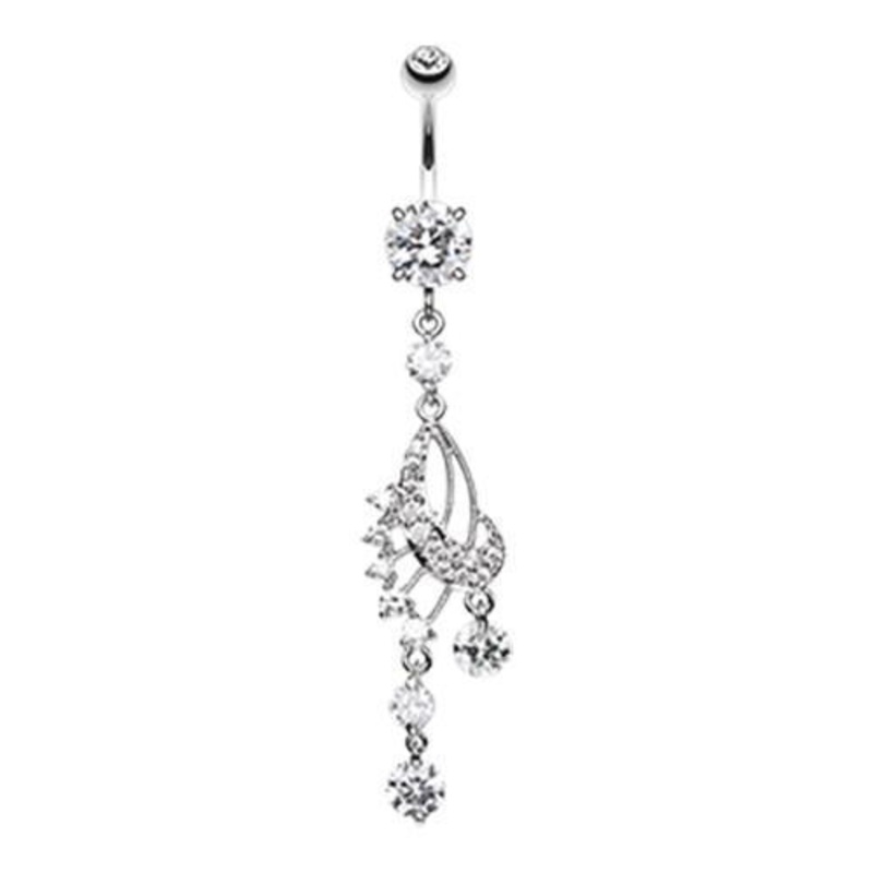 Clear Dazzling Harp Elegance Dangle Belly Ring 14G (1.6mm) Length: 3/8″ (10mm)